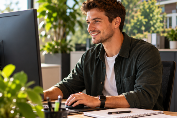 Jonge professional aan bureau met zonneplannen